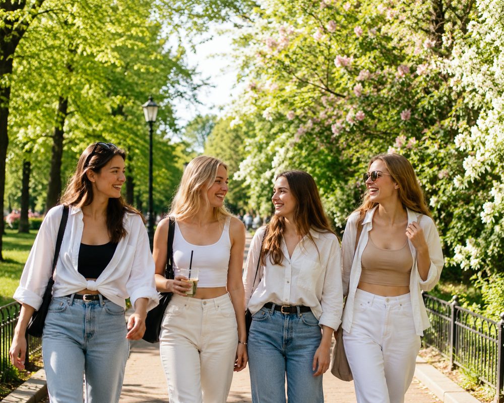 Women laughing together on a walk through a sunny park